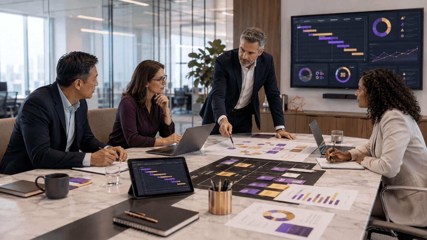 Project management and business analysis team reviewing delivery plans